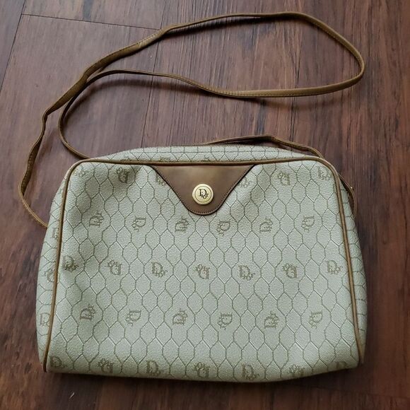Vintage Christian Dior Honeycomb Chic Feminine Brown Leather Trim Crossbody Bag - Picture 1 of 6